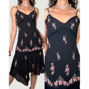 Sue Wong Silk Floral Embroidered Slip Dress Midi Ruffle Lace Trim Black Fairy‎ 8